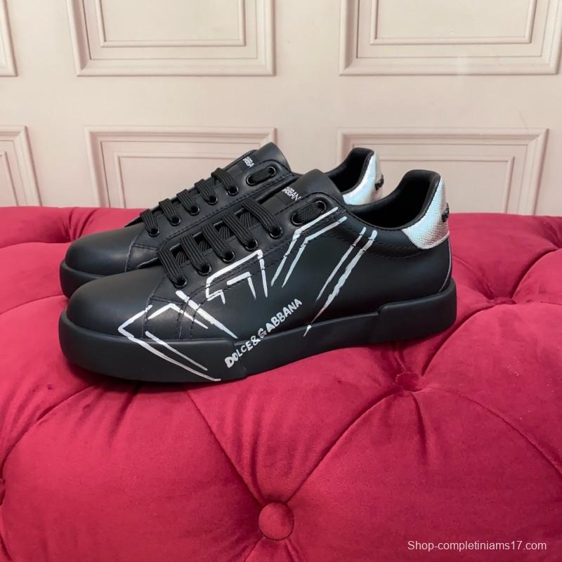 2025 Men Dolce & Gabbana Black Silver Leather Sneakers