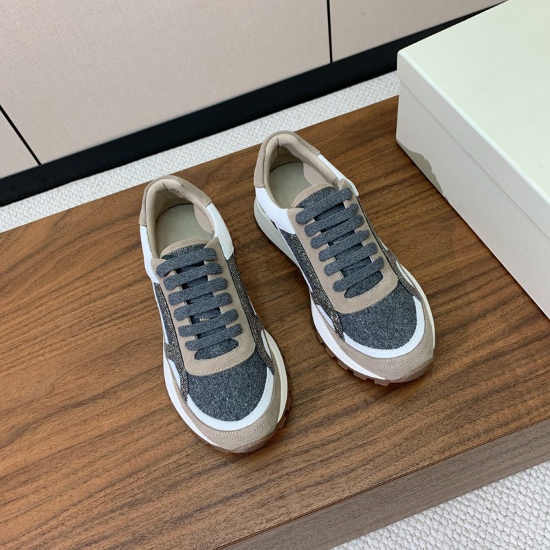 2025 Unisex Brunello Cucinelli Beige Gray White Leather Wool Casual Sneakers LY