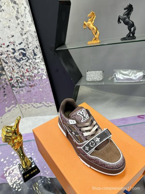 2024 Unisex Louis Vuitton Brown Silk Leather Denim Plimsolls Magic Tape MJ00410