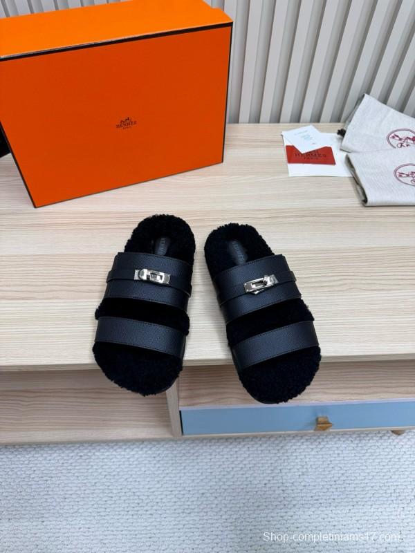 2024 Women Hermès Black Leather Shearling Slippers