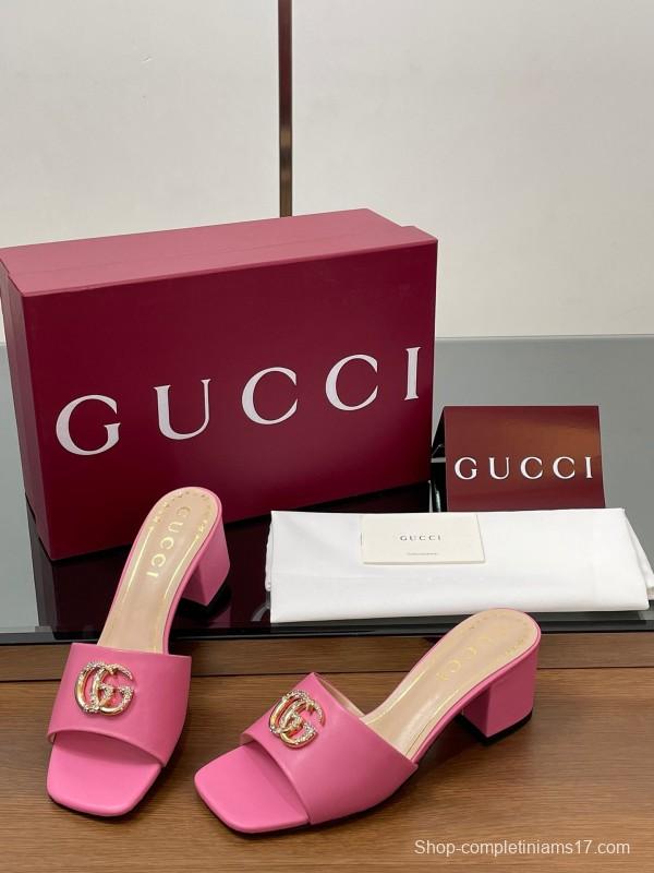 2025 Women Gucci Pink Lambskin Mid Heel Crystal GG Buckle Slide LY00280