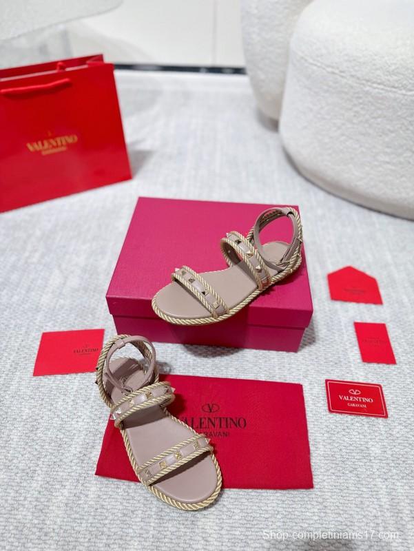 2025 Women Valentino Beige Leather Rope Espadrille Sandals LY00250