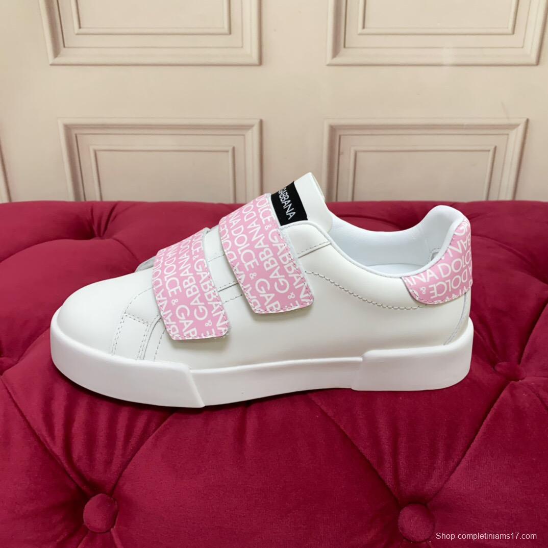 2025 Women Dolce & Gabbana White Pink Leather Sneakers LY00300