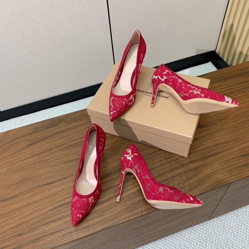 2025 Women Gianvito Rossi Red Lace Leather Pumps KFY00280