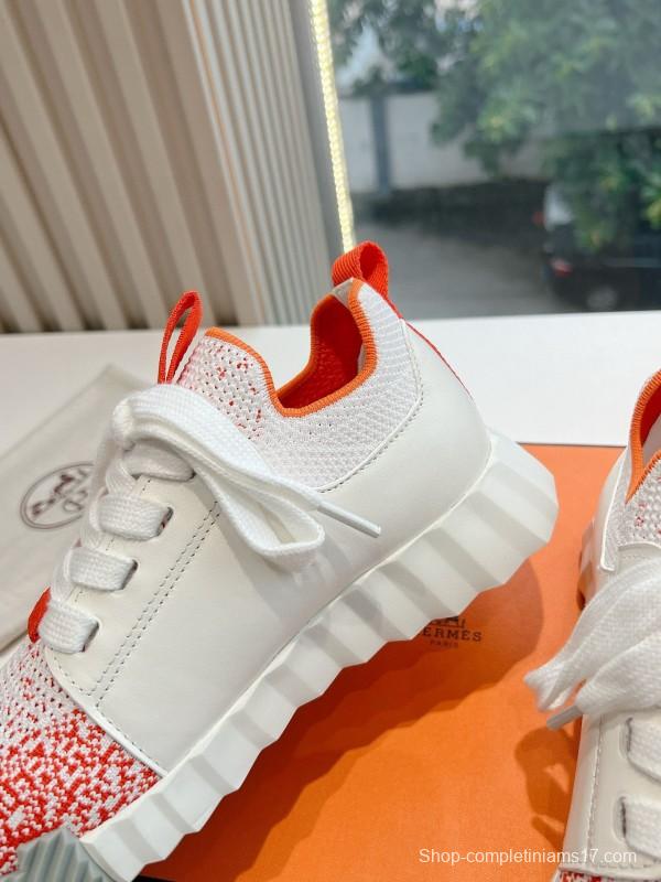 2024 Unisex Hermès white orange leather knit sneakers