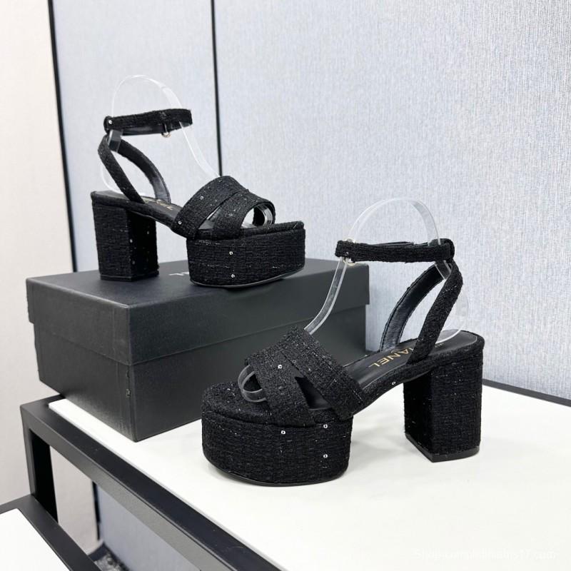 2025 Women Chanel Black Fabric Platform Sandals KFY00310