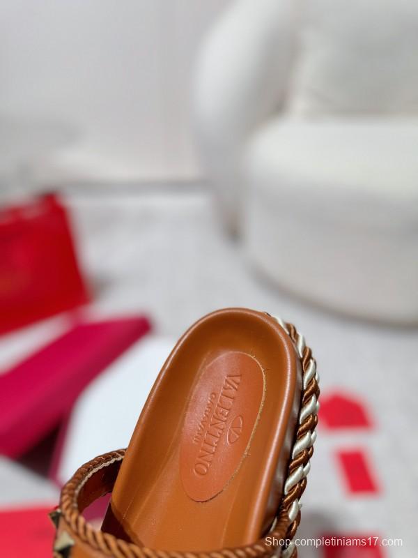 2025 Women Valentino Brown Leather Sandals Braided Rope Sole LY00250