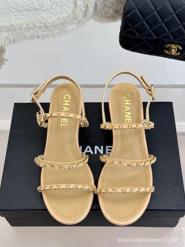 2025 Women Chanel Beige Lambskin Chain Strap Block Heel Sandals