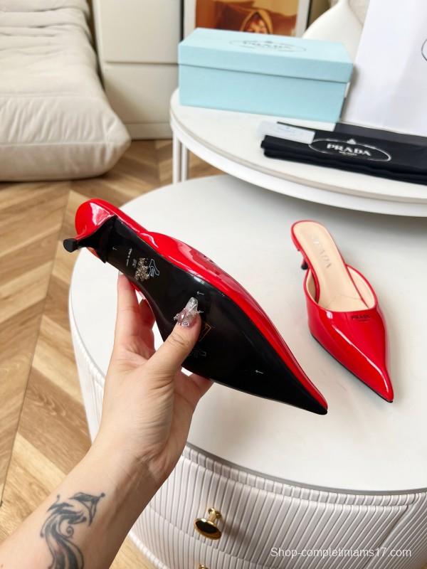 2025 Women Prada Red Patent Leather High Heel Mules LY