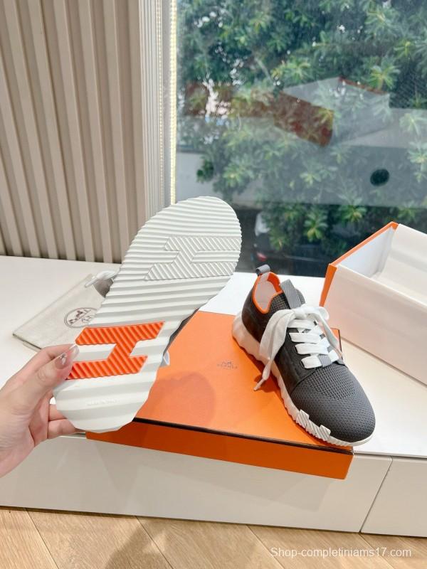 2024 Unisex Hermès Black Orange Calfskin Suede Sneakers MJ00290(M/W)