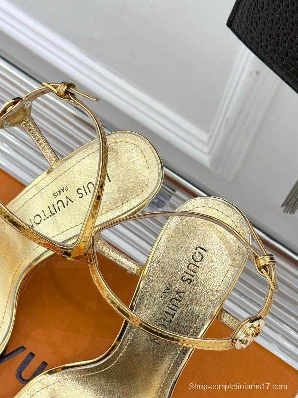 2025 Women Louis Vuitton Gold Leather Sandals