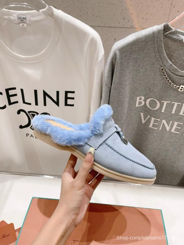 2024 LP Light Blue Suede Shearling Slippers