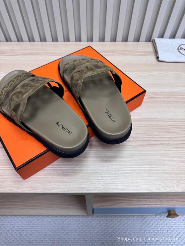2025 Women Hermès Khaki Suede Slippers