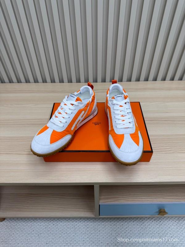 2025 Unisex Hermès White Orange Suede Mesh Sneakers KFY00300