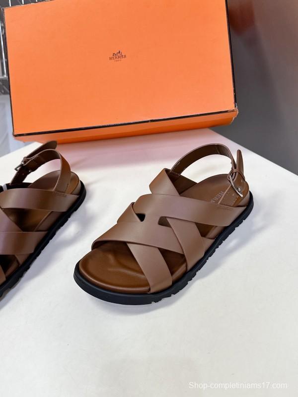 2025 Women Hermès Brown Leather Sandals
