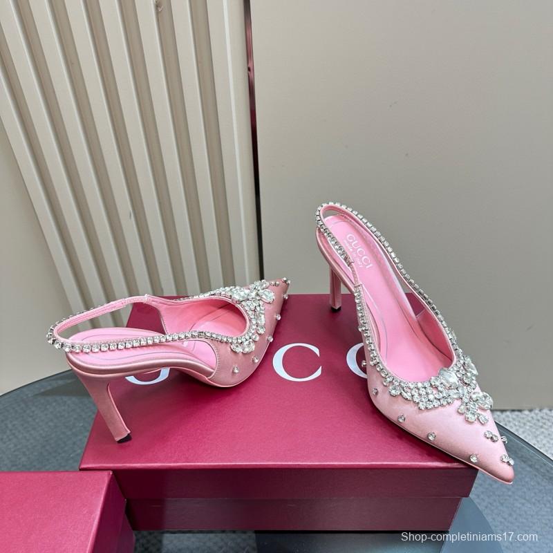 2025 Women Gucci Pink Silk Slingback High Heel Crystal MJ00340