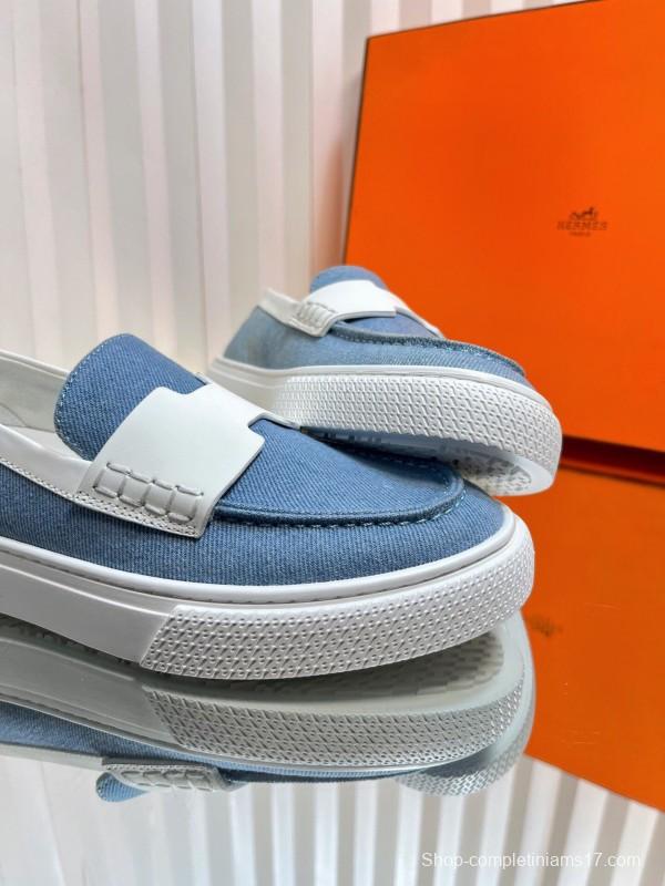 2025 Women Hermès Blue White Leather Canvas Loafers LY00310
