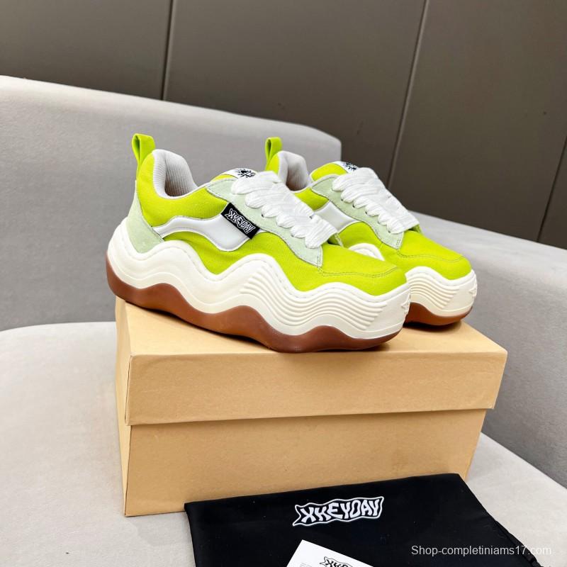 2025 Women HEYDAY Yellow White Green Canvas Leather Wave Bread Sneakers KFY00260