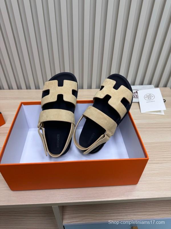 2025 Slippers Hermès Beige Black Suede Leather Sandals