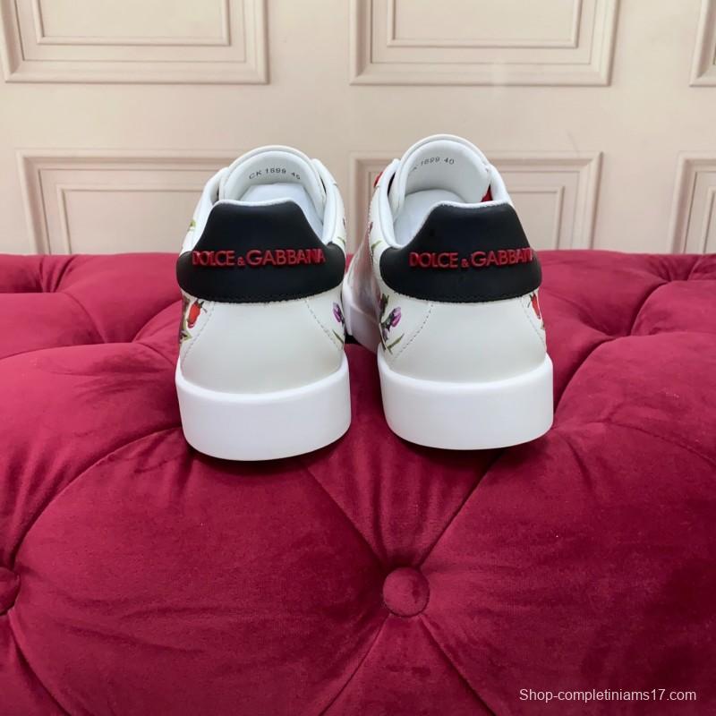 2025 Women Dolce & Gabbana White Red Leather Sneakers Floral LY00300