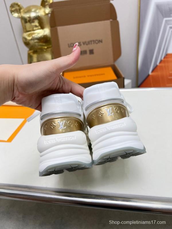 2025 Women Louis Vuitton White Gold Leather Mesh Sneakers LY00340