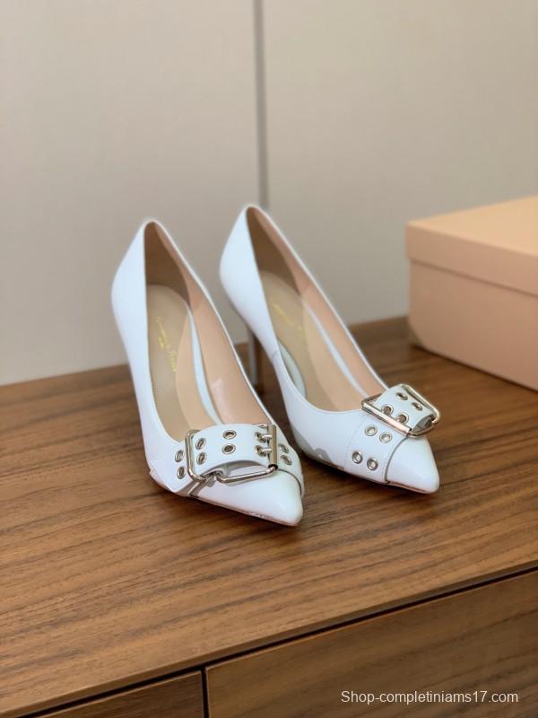 2025 Women Gianvito Rossi White Leather Buckle Pumps KFY00300