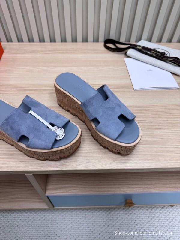 2025 Women Hermès Blue Suede Slippers