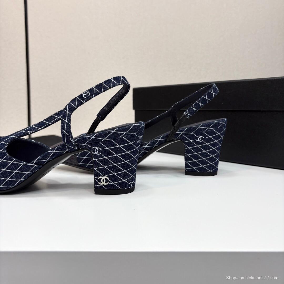 2025 Women Chanel Blue Grey Denim Leather Slingback LY00240