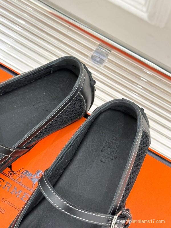 2025 Women Hermès Black Mesh Leather Mary Jane