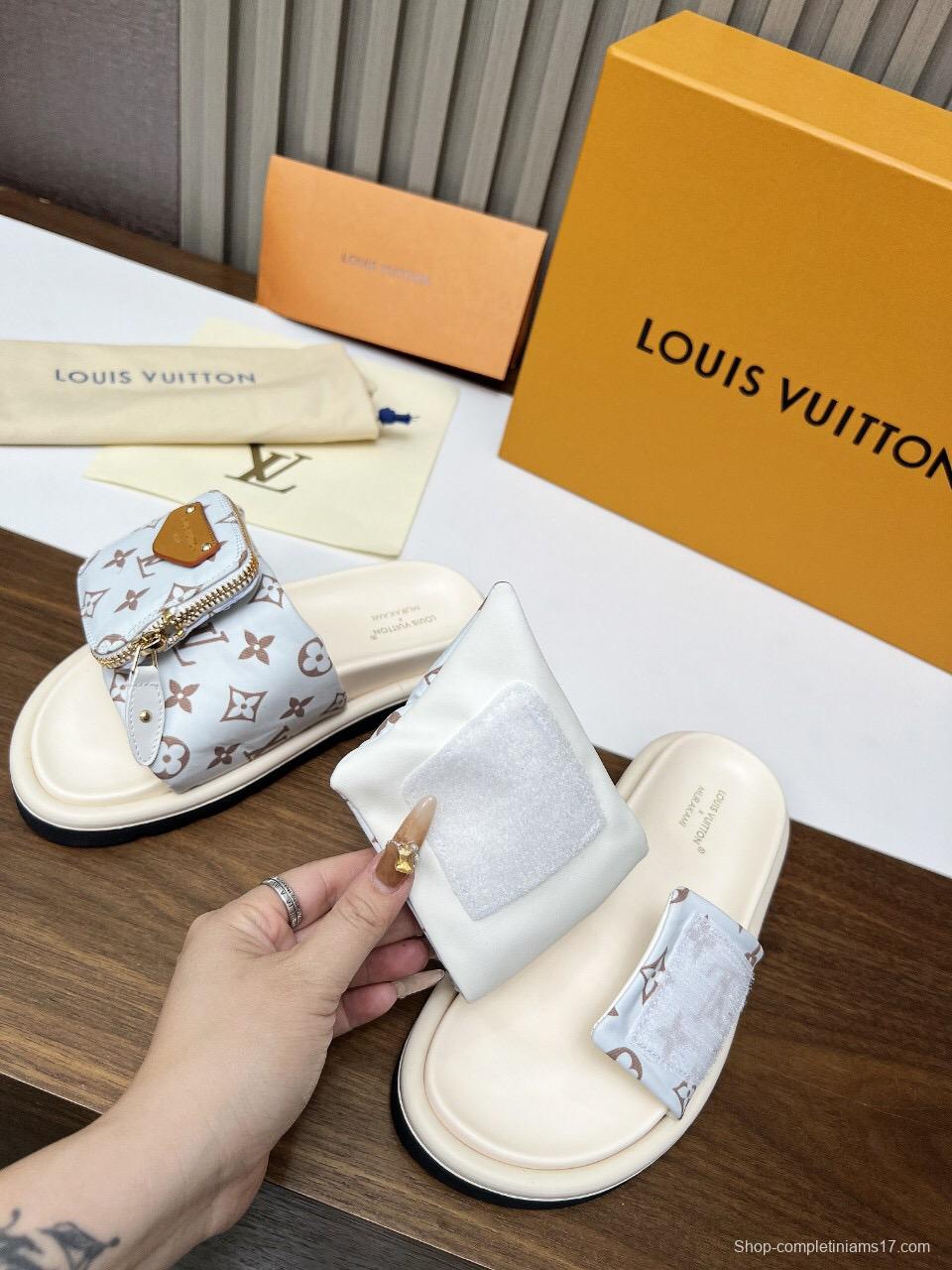 2025 Women Louis Vuitton White Brown Canvas Slippers KFY00230