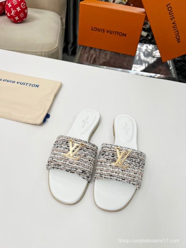 2025 Women Louis Vuitton White Tweed Leather Slippers LY00210