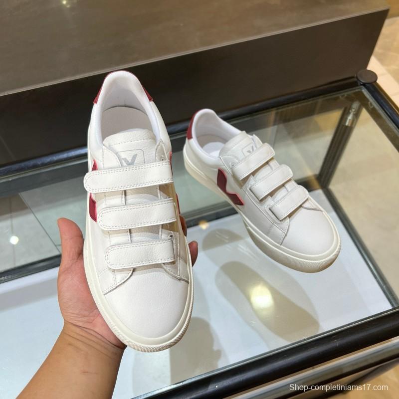 2025 Unisex VEJA White Burgundy Leather Canvas Sneakers MJ00240