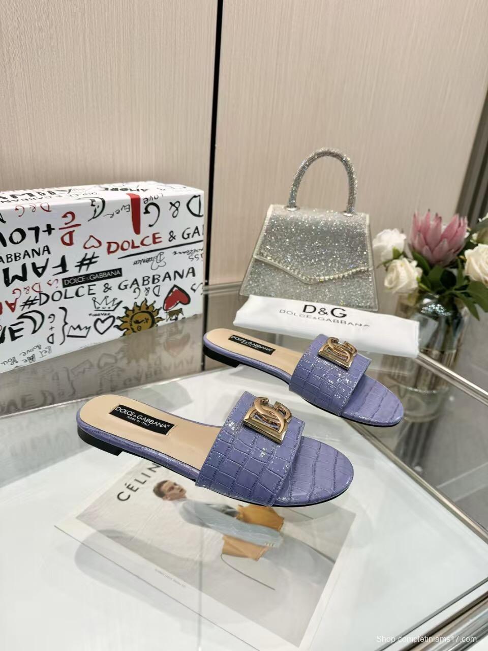 2025 Women Dolce & Gabbana Purple Leather Slippers LY00190