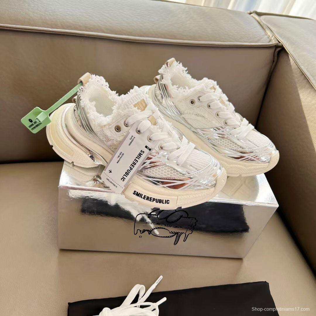 2025 Unisex Smilerepublic White Silver Mesh Leather Fur Sneakers