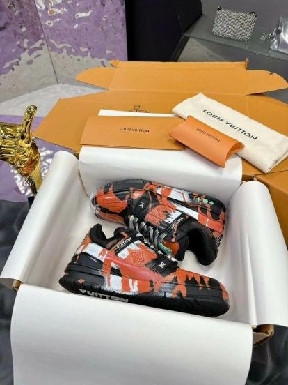 2024 Unisex Louis Vuitton Orange Black White Leather Denim Plimsolls Artist Hand-drawn MJ00780