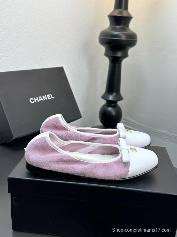 2025 Women CHANEL White Purple Leather Bow Ballet Flats Unisex LY00360(F)