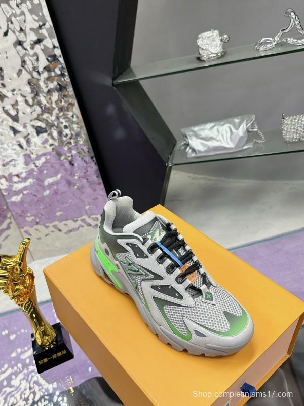 2025 Men Louis Vuitton Green Grey Mesh Leather Sneakers MJ00420