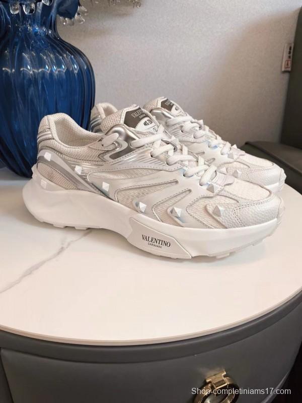 2024 Unisex Valentino White Silver Mesh Leather Sneakers MJ00410