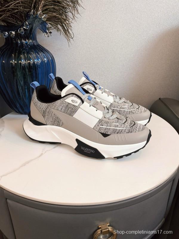 2024 Unisex Valentino White Grey Blue Fabric Leather Sneakers MJ00340
