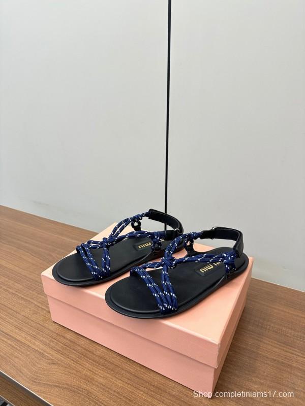 2025 Women Miu Miu Blue Black Leather Rope Sandals