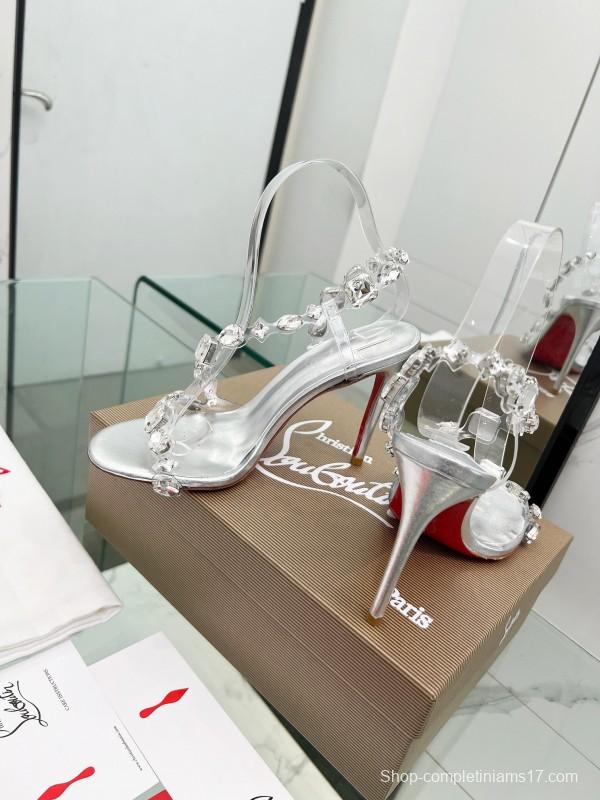 2025 Women Christian Louboutin Silver PVC Crystal High Heel Sandals LY00300
