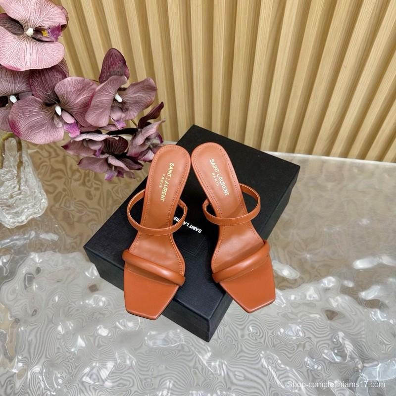 2025 Women Yves Saint Laurent Brown Leather High Heel Sandals Metal Logo MJ00310