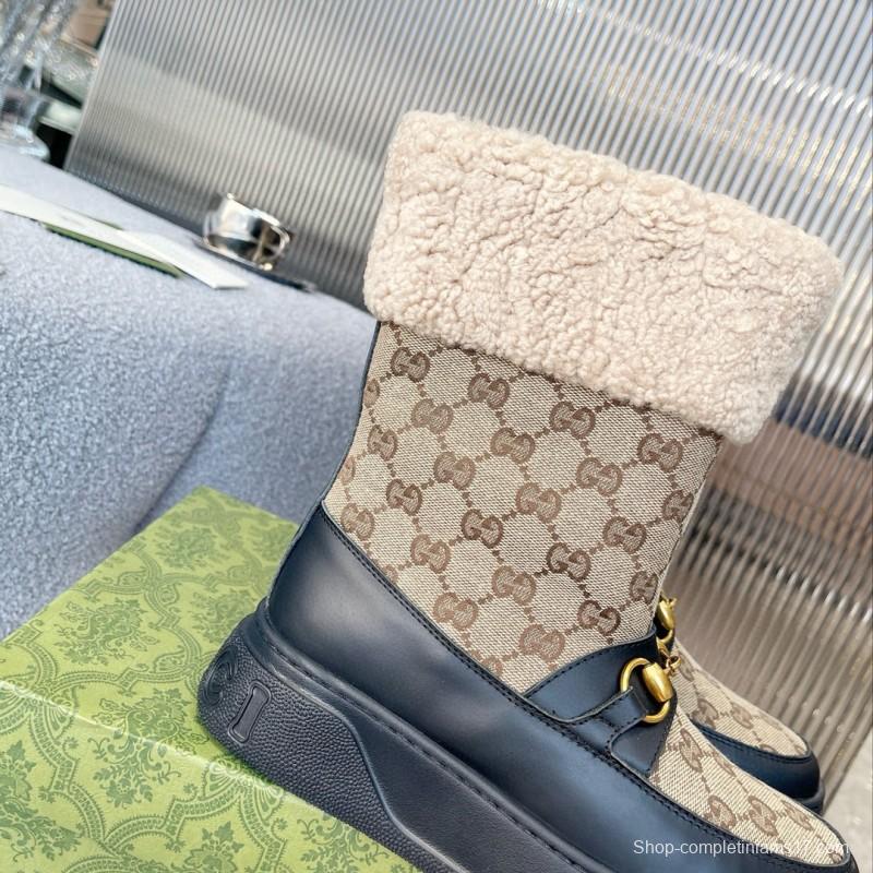 2024 Women Gucci Beige Brown Leather Snow Boots Horsebit MJ00420