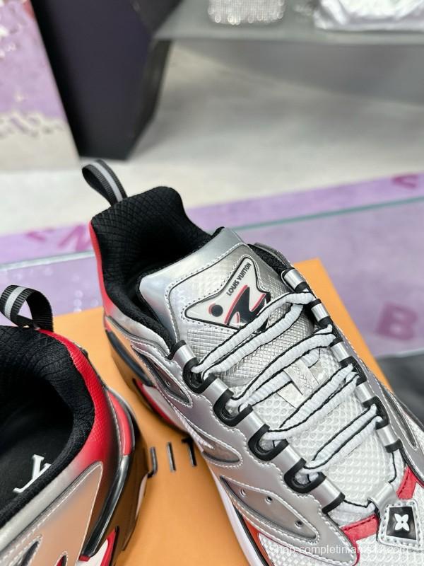 2025 Men Louis Vuitton White Red Black Leather Mesh Sneakers MJ00420