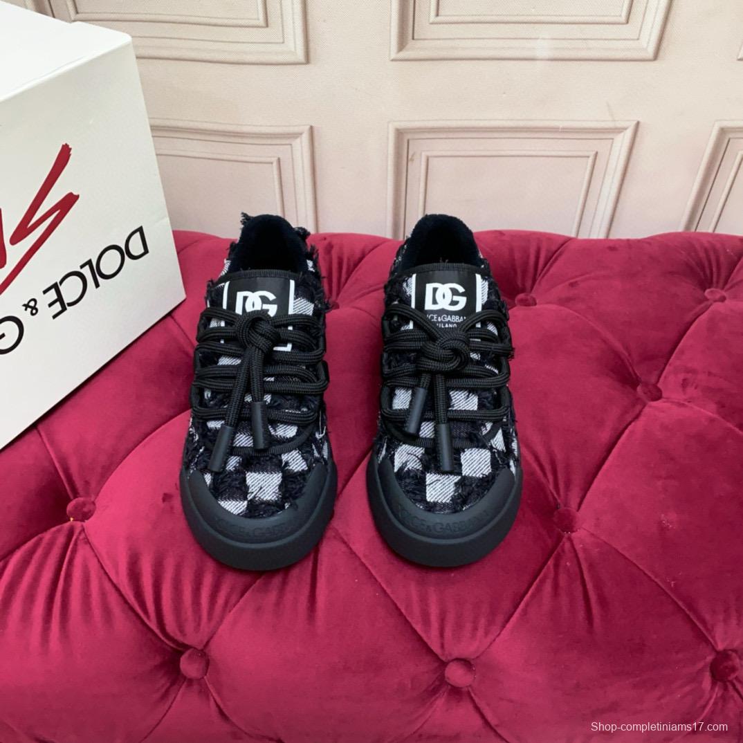 2024 Unisex Dolce & Gabbana Black White Wool Leather Sneakers MJ00340