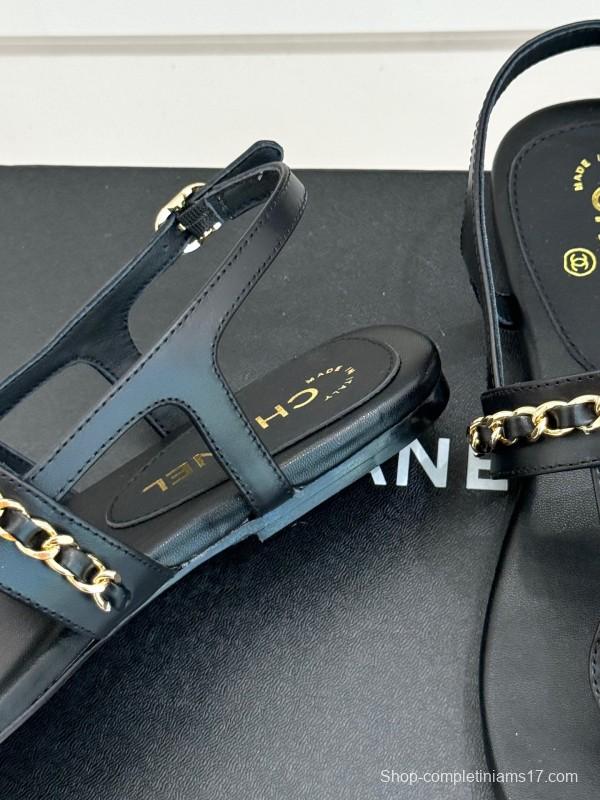 2025 Women Chanel Black Leather Sandals KFY00250