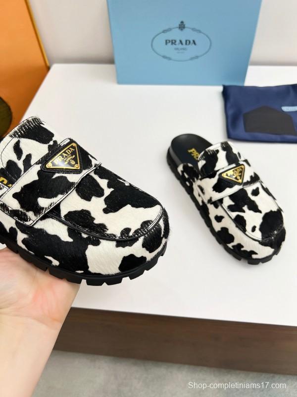 2025 Women Prada Black White Calf Hair Slippers LY00270