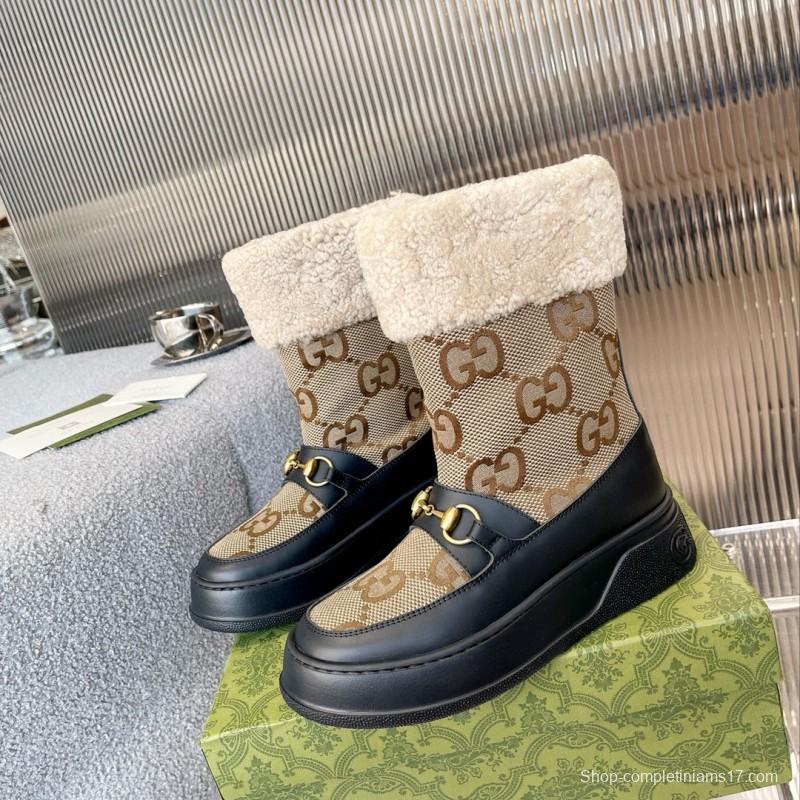 2024 Women Gucci Beige Brown Leather Shearling Snow Boots MJ00420