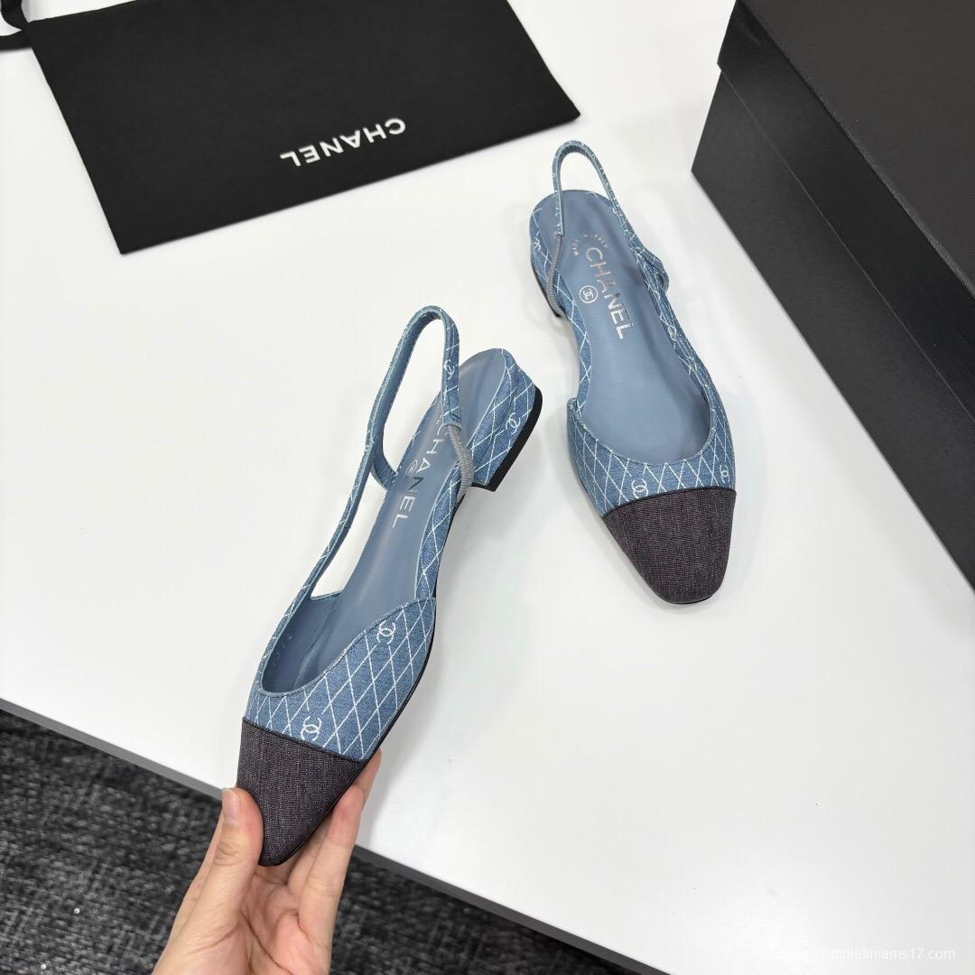 2025 Women Chanel Blue Black Denim Leather Slingback LY00240
