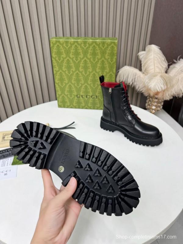 2024 Women Gucci Black Leather Lace-Up Combat Boots Red Green Web MJ00340